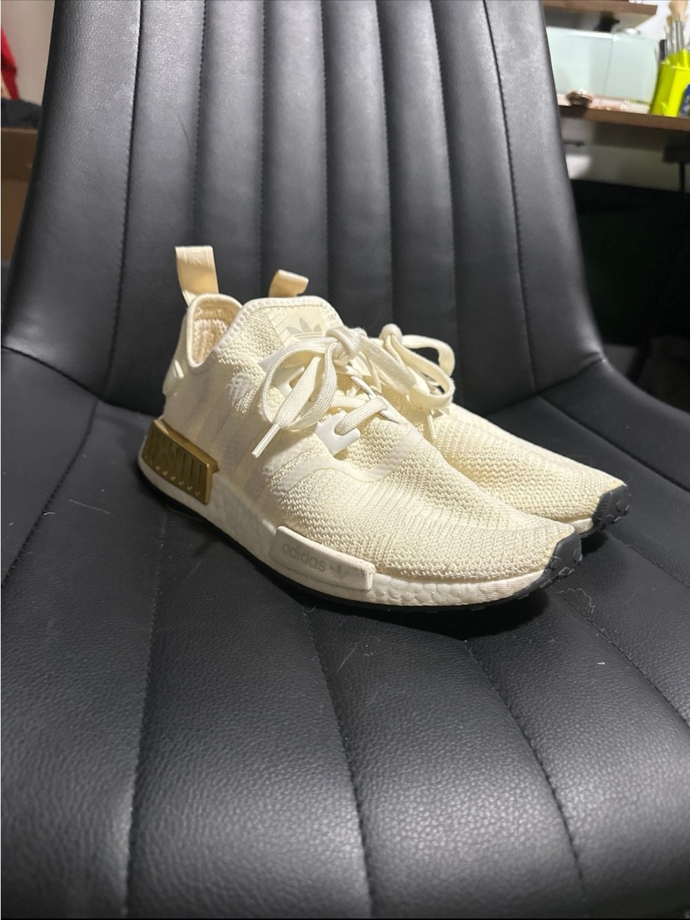 adidas Cream Primeknit NMD R1 Sneakers with Gold Accents